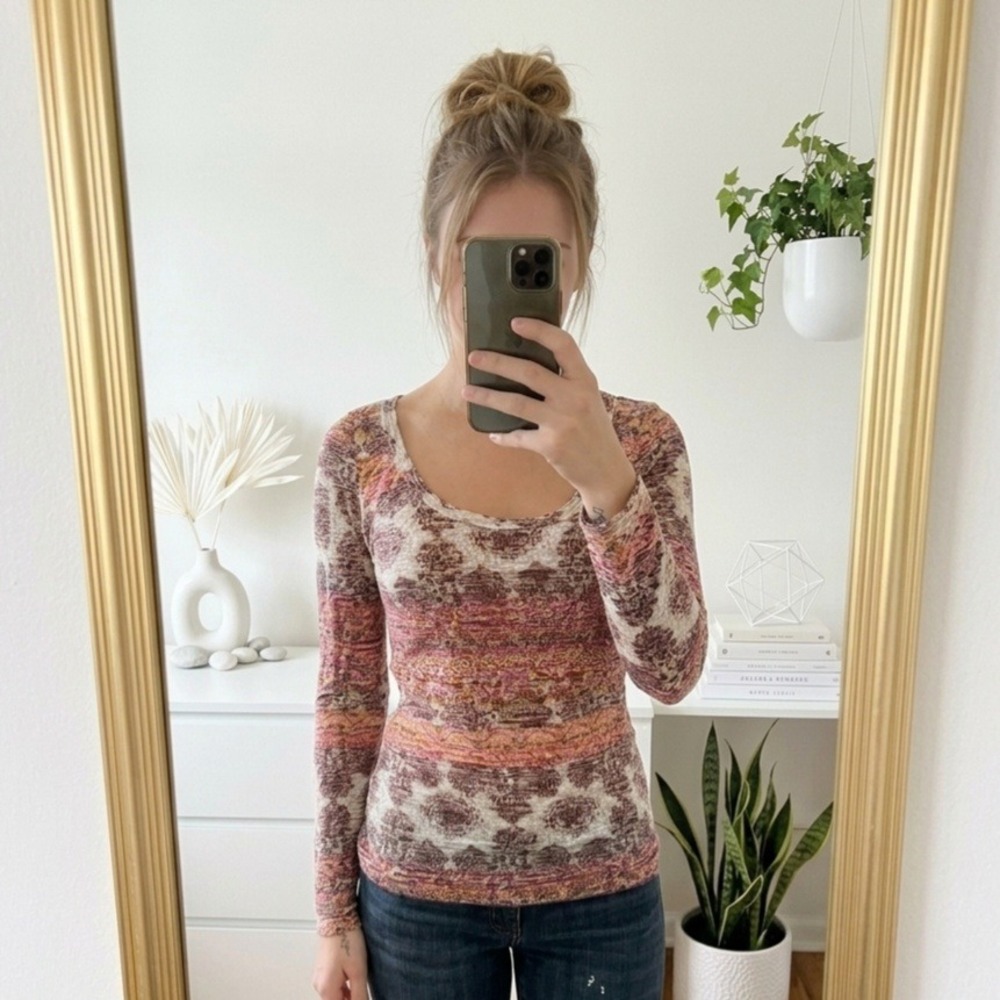 Rue21 Y2K Womens Long Sleeve Burnout Scoop Neck Boho Geometric Print Shirt Large